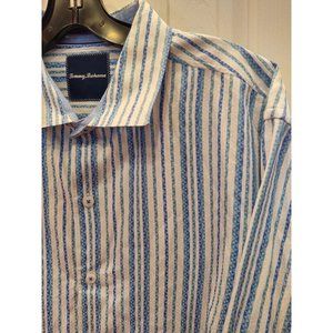 Tommy Bahama Mens L Shirt Blue White Striped Long Sleeve Cotton Geometric Marlin